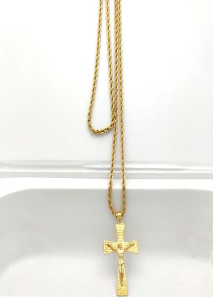 Jesus Crucifix Big Pinging 22k Solid Gold Fine 18Ct Thai baht g/f Colar 800mm Cadeia de corda Chain Charming Jewelry Hip Hop1909328