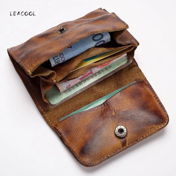Halter Vintage echte Lederkartenhalter Männer Frauen handgefertigt kurze Kreditkartenhalter Münzgrundtasche Kleine Brieftasche für männlich