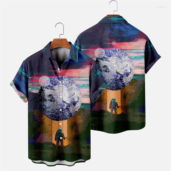 Men's Casual Cirts Universo Planet Graphic for Men Clothing Y2K Hawaiian Holiday Tops Tops Summer Manga curta Blusa da lapela 3D