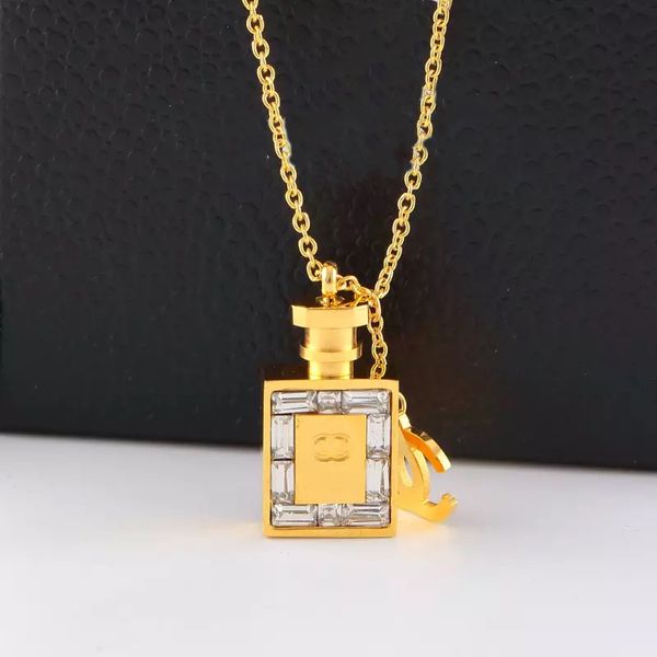 Goldene Farbe Luxus Halskette Parfümflasche Anhänger Halsketten mit Diamanten als original Designer -Halskette Edelstahl Mode Schmuck für Frauen Lady Lady