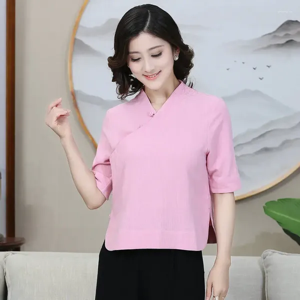 Frauenblusen Chinesische Frauen Frauen Tunika -Hemden rosa grün schräg placket design halb Ärmeln Leinen Top Buddhist Stimmung Zen Break Kleidung