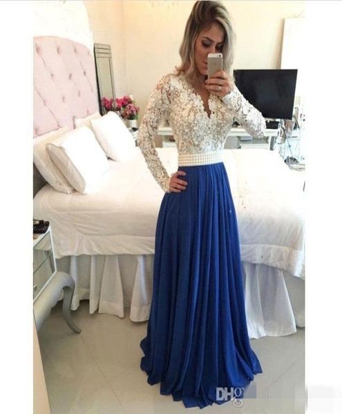 Arabische Mode neue Spitze Langarmes Abendkleider gegen Hals Perlen Schärpe Chiffon Bodenlänge formelle Prom Party Kleider Abend We8777161