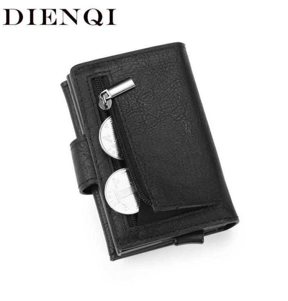 Dienqi RFID Bloqueio de cartão de crédito Titular Men Walets Slim Fin Business Leather Metal Metal Card Pocket Case Magic Smart Wallet9704670