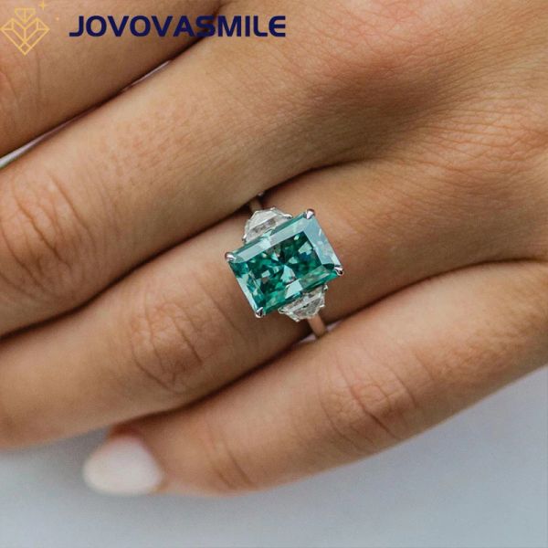 Anéis JoVovasmile Moissanite Diamond Ring 4.5Carat 11x8mm Crushado Hybrid Hybrid Radiant Radiant Fancy Blue/Green Gem 18k White Gold