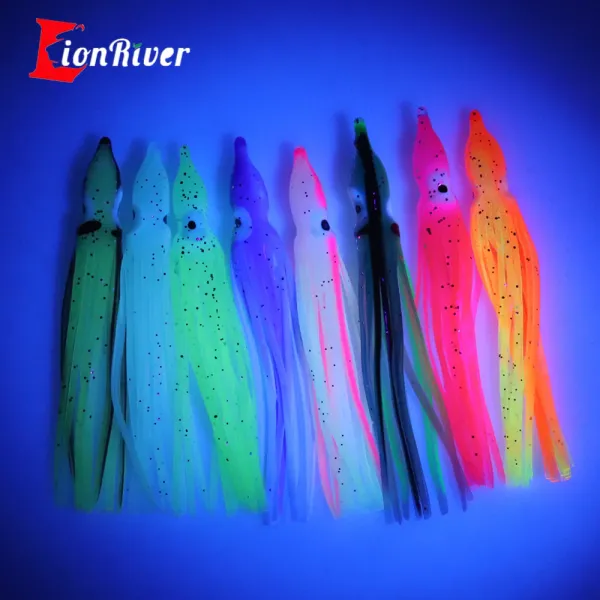 Accessori Lionriver 50pcs Octopus fluorescente Pesca morbida Gonne di calamari Giga in gomma Acqua salata Acqua di pesca pesce gatto Esca