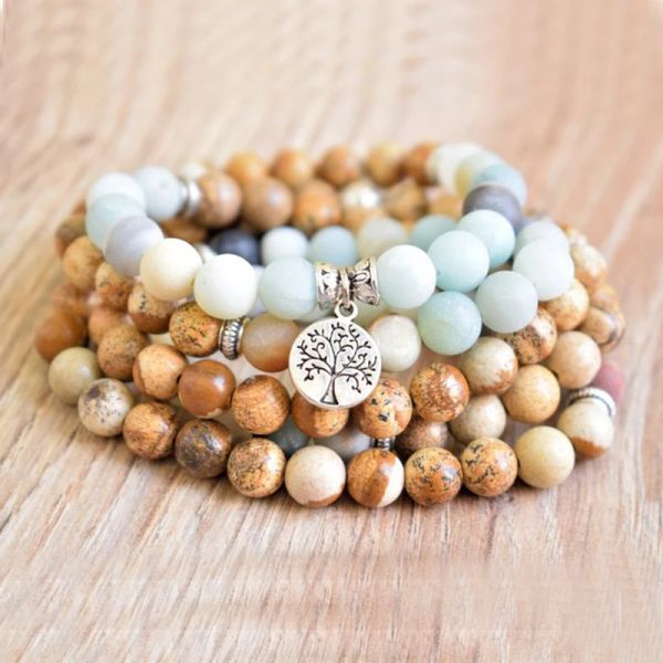 Strands Gioielli di meditazione curativa da uomo 8mm Amazonite Picture Jasper 108 Mala Beads Tree of Life Bracciale