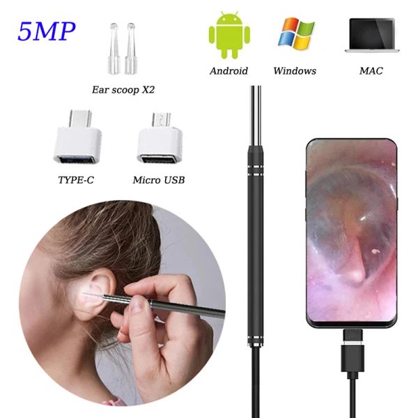 Câmeras visuais da orelha visual câmercópica otoscópio 6LED IP67 Endoscópio de 5MP Ferramenta de inspeção de limpeza de ouvido de cuidados pessoais Android Bororescope