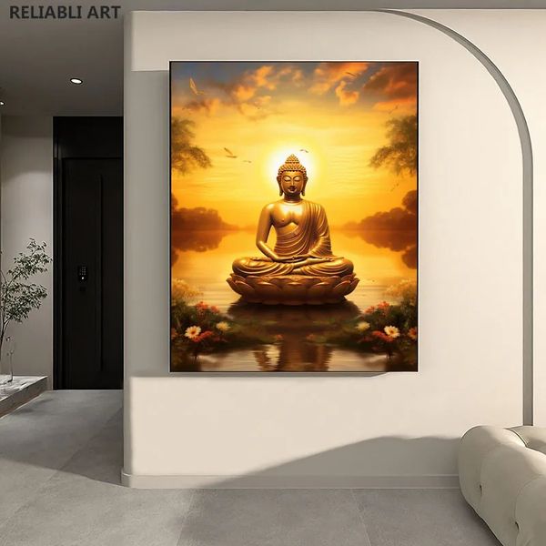 Decoração da sala Decoração Golden Buddha estátua em Sunset Poster Print Dis Painting Modern Home Decoration Wall Art Landscape Pictures sem moldura