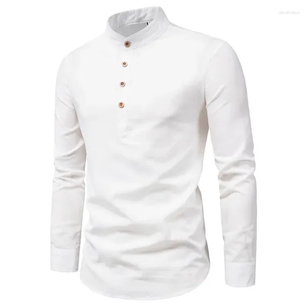 Camicie casual maschile primaverili e estate in lino in cotone camicia a maniche lunghe di colore solido Base bianca in piedi