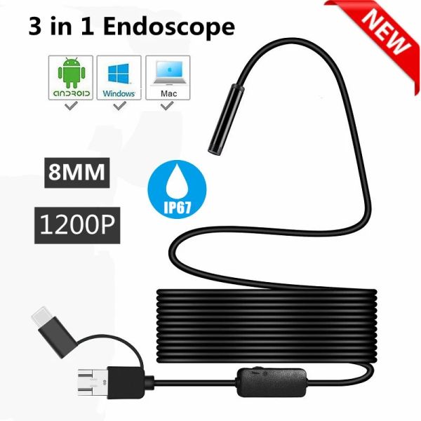 Câmeras de 8 mm de câmera de endoscópio 1200p 3 em 1 8 LED IP67 endoscópio à prova d'água para carros smartphone industrial mini câmera USB tipo C