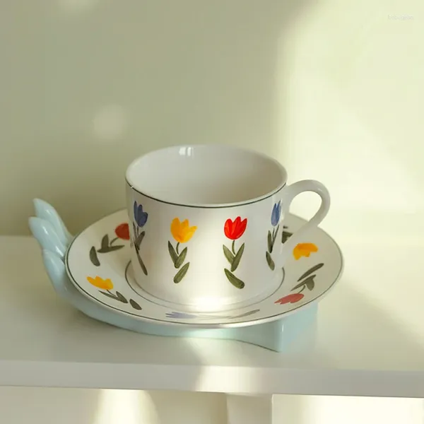 Tassen Untertassen koreanische Art Tulp Kaffee Kaffee Saucer Keramik Becher Porzellan Tee Set Retro Dish Teller Café Party Getränke Geburtstagsgeschenke