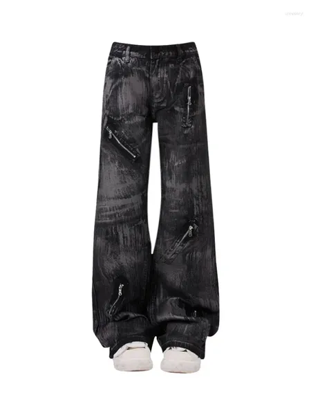 Jeans feminino High Street Clubwear Black Clubwear coreano Hiphop Hiphop Wide perna calça de jea