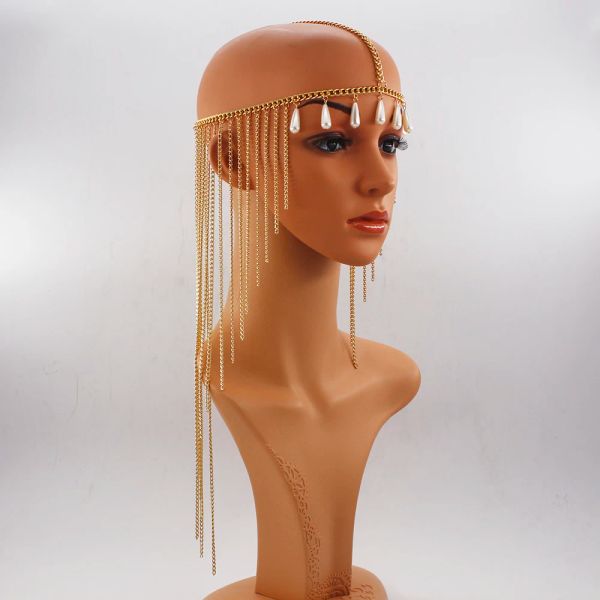 Takı Lüks Kadın Simüle İnci Uzun Tassel Bohemian Baş Zinciri Takı Alın Dans Başlık Saç Takı