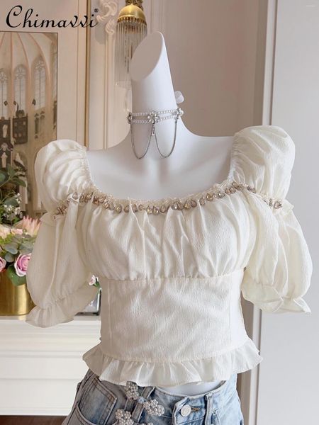 Blouses feminina French Square Collar Badyed Shirt Top 2024 Roupas de verão Moda Slim Fit Puff Sleeve Retro elegante blusa doce