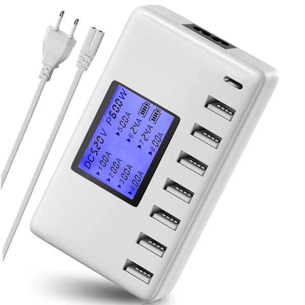 HUBS USB -зарядная станция, EU Plug 8ports Multi Port USB -HUB Зарядное устройство с ЖК -дисплеем для таблеток мобильного телефона несколько устройств,