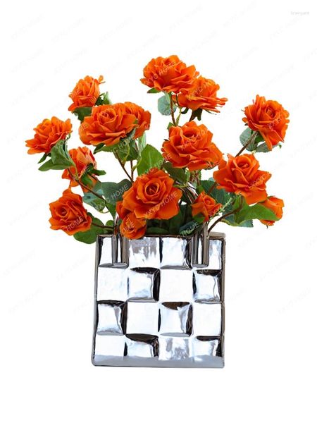 Dekorative Blumen elektroplattierte silberne Handtaschen Keramik Vase Dekoration Wohnzimmer Blume Arrangement Falsch