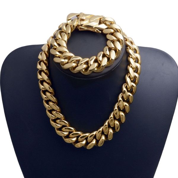 22 mm Esagerati uomini super larghi a livello cubano a catena cubana Jewlery Set hip hop in acciaio inossidabile Collana in acciaio in acciaio Bracciale 18K oro placcato 16Q285x