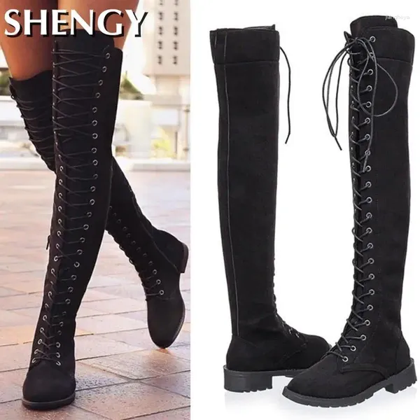 Stivali 2024 Donne Over the Knee Sexy Fashion Lace-Up Inverno Knight Knight Keigh Tall Solid Color Ladies Botas