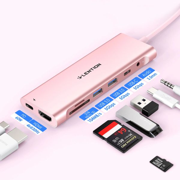 Hubs Lention USB C Hub 1m Langes Kabel mit 4K HDMI SD/TF (104MB/s) an MacBook Air/Pro iPad Phone Reader Aux Typ C Hub -Oberflächenadapter