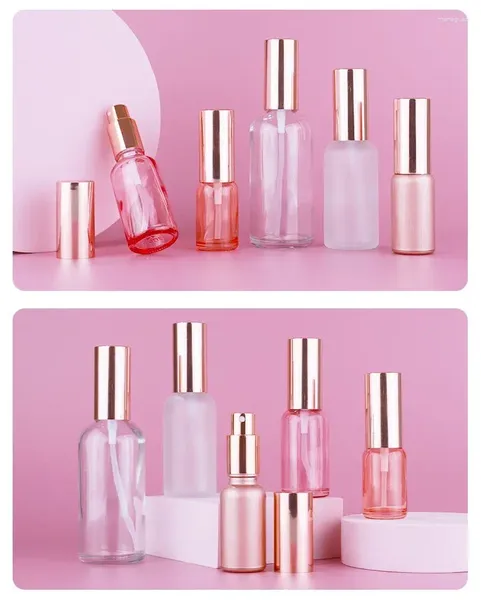 Figurine decorative 5pcs 5-100 ml Mini bottiglia spray rosa Beauty Bottiglie di vetro vuoto Custodia per contenitore per olio essenziale Viaggio riutilizzabile