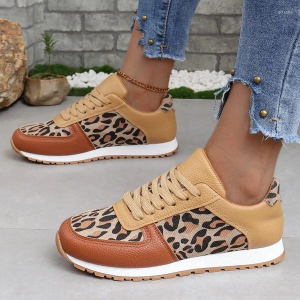 Casual Shoes 2024 Leopardendruck für Frauen Schnürung PU Leder Plus Size Sneakers Leicht weiche Sohle Walking Sport