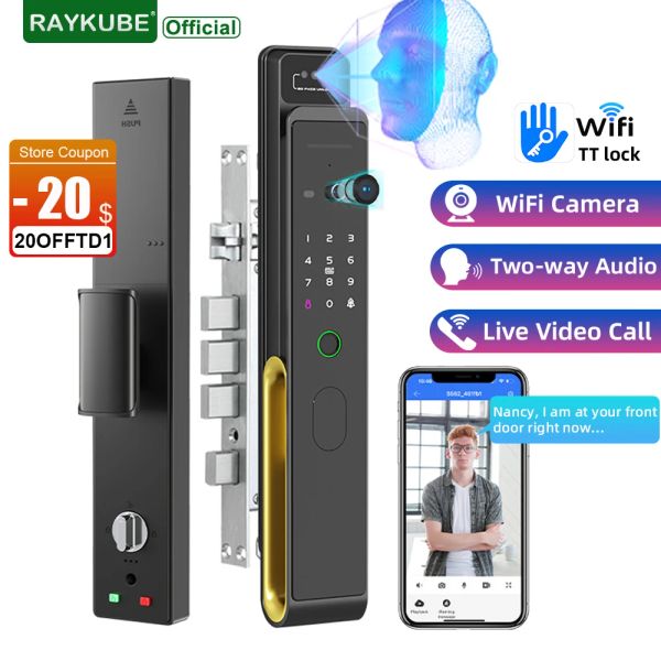 Controle Raykube TD1 TT Lock Wi -Fi 3D Reconhecimento de face Smart Fitled Imprint Lock com WiFi IP Camera Remote App Video Call Twoway Audio