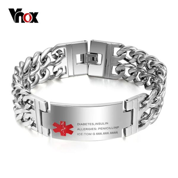 Stränge Vnox Herrenmedizinische Alarm -ID -Tag -Armband Edelstahl Armreifen Handgelenk Kuba Link Kette Freier Gravur