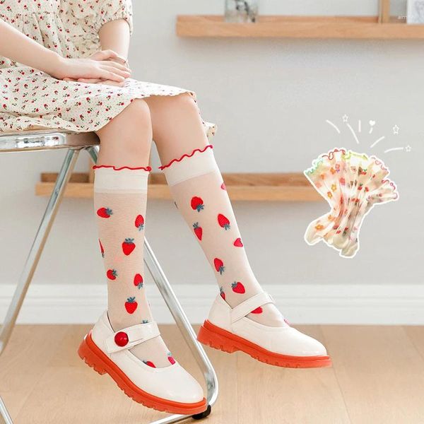 Frauen Socken Sommer Kinder Mädchen süße transparente Erdbeerkinder -Kleinkind Prinzessin Knie hohe japanische Stil JK Sock