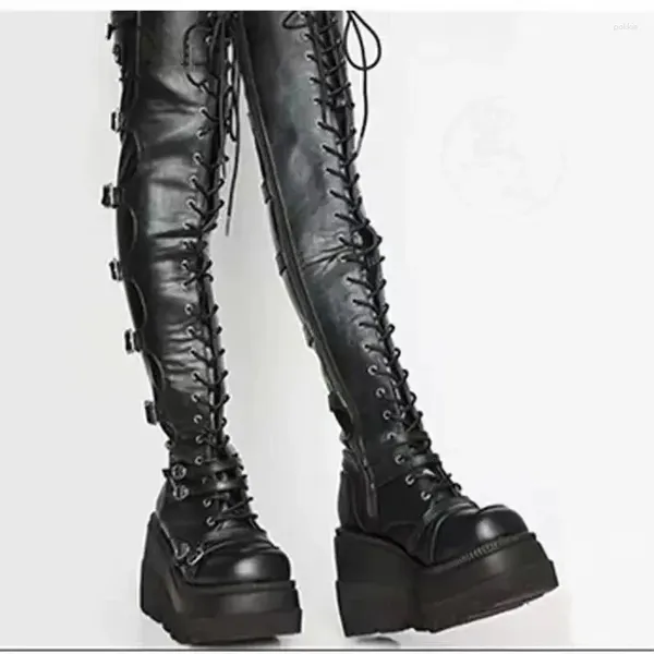 Botas cunhas por muito tempo para mulheres outono inverno o cosplay cosplay de alta plataforma gótico botas altas