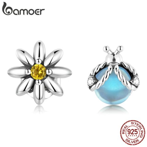 Orecchini BAMOER 925 Sterling Silver Daisy Ladybug Asimmetrici Design Orecchini per borchie per donne Murano Ear Studri Fine Gioielli Regali di primavera