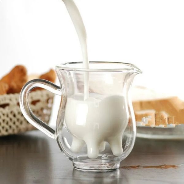 Tazza di crema in vetro a doppio strato di mucca creativa 250 ml di succo di latte adorabile tè da tè tazza di tazza di vetro trasparente latte broccone 240410