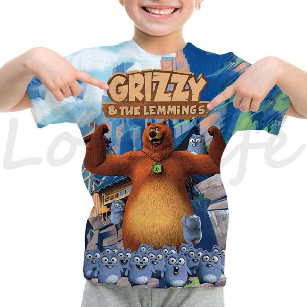 T-shirts Kids Light Sunlight Grizzly Bear Tshirts Câmara de manga curta de verão Grizzy e The Lemming Print Tshirt Boys Girls Tee Tops