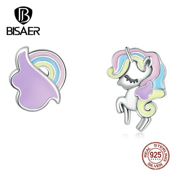 Brincos Bisaer 925 Sterling Silver Fantasy Unicorn Stud Brincos coloridos pôneis delicados ouvidos para mulheres originais jóias finas ECE1266