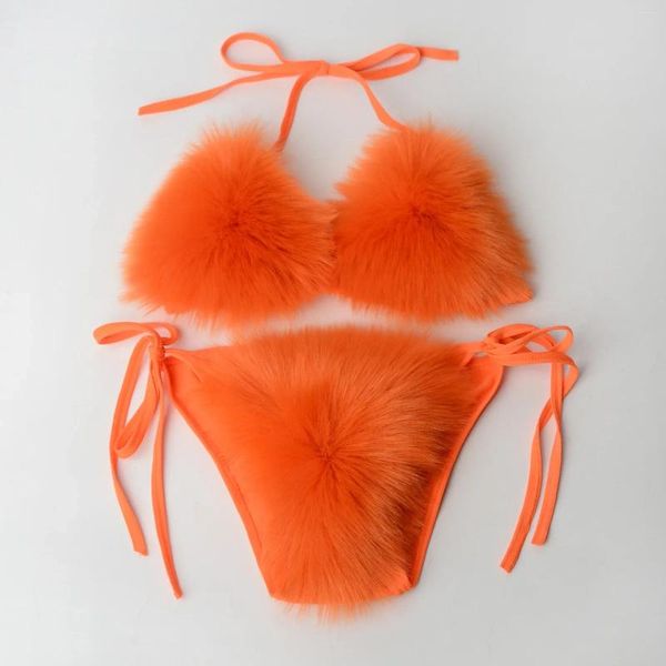 Frauen Badebekleidung 2024 Orange Abnehmbares Kunstpelz Bikinis Set Women Badeanzug sexy Taille Thong Bikini Pelzige Strandbekleidung Badeanzug