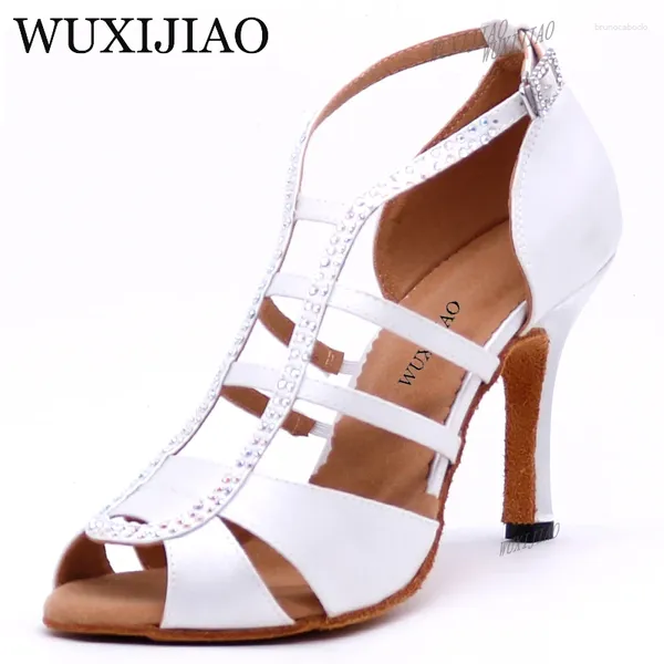 Sapatos de dança Wuxijiao White Setin Latin Women Salsa Rhinestone para Woman Ballroom Dança salto 5cm-10cm