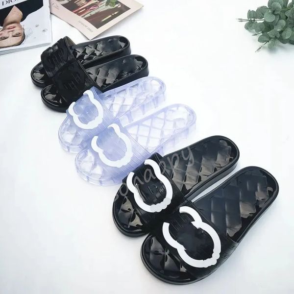 12 Farben Sandalen Designer PVC Gelee Sandalen Hausschuhe transparente Frauenbrief bedruckte Sommer -Rutschrutsche Silikon Lady Flip Flops flache Schuhsandalen