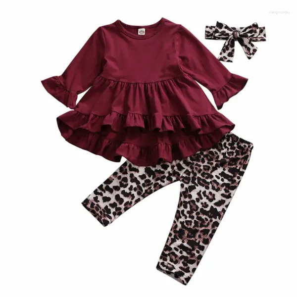 Set di abbigliamento da 3 pezzi per bambini abiti da bambina abiti arruffato tops vestito pantaloni stampati leopardo set 2-6yeras