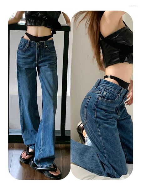 Jeans femininos de biquíni de biquíni de biquíni Sexy Personalidade de verão Design Desense Nicho de perna reta de perna larga Retro solteira