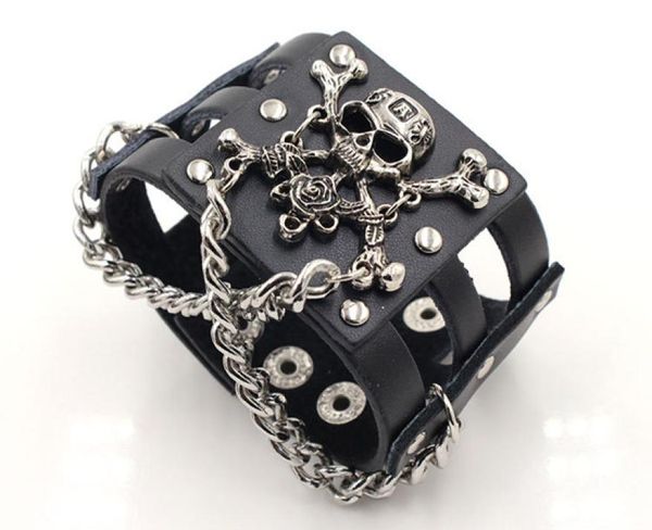 Unisex Rock Brivet Широкий браслет черепа кожи панк кожаный брупц Brangle Black Leather Dance Braclet9028925