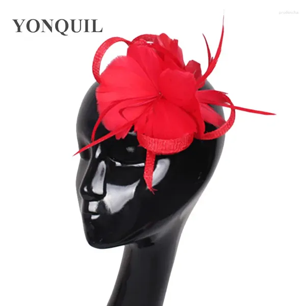 Fascinadores do Sinamay de noiva com 2 flores de penas acessórios de cabelo de casamento Chapéus de festa fofos e penteado de corrida Bandada de cabeça