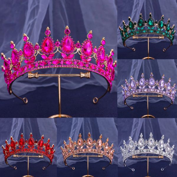 Jóias Diezi Princesa Full Rose Red Crystal Tiara Crown for Women Girls Casamento