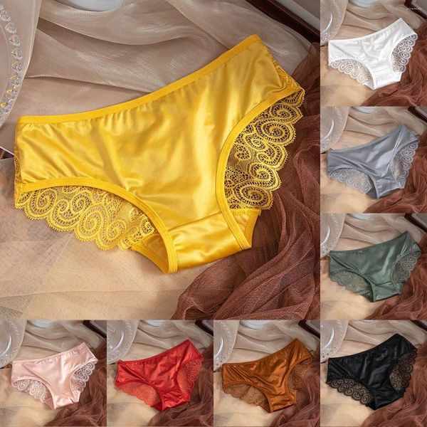 Mutandine da donna Sexy Ice Silk Satin In biancheria intima francese in rete trasparente Slievi a colori solidi in pizzo ricamato in lingerie ropa interno