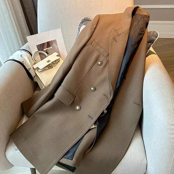 Ternos femininos Primavera/verão estilo britânico Blazers de manga curta Coats vintage Casual cor sólida solto de casacos de terno duplo