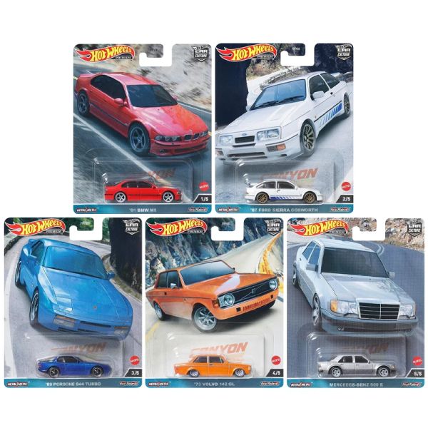 Auto 2023 hot wheels premium carte auto canyon warriors bmw m5 mercedesbenz 500 e ford sierra cosworth 1:64 modello automobilistico diecast giocattolo