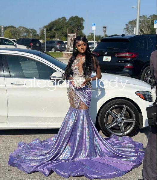 Lilac Purple Scintilla Sermaid Sesta Abiti per feste per feste per Girl Black Luxury Diamond Gillter Sheer Prom Birthday Gala Abito