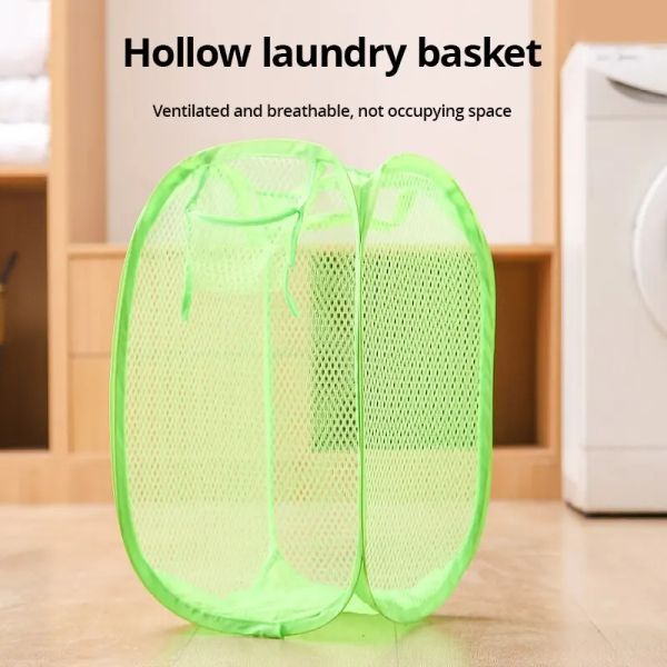 Organização 1PC Green Organizer Bag Storage Mesh Pop -Up Square Laundry Basket Cestas Cestos de Roupas Coloques para dormitório