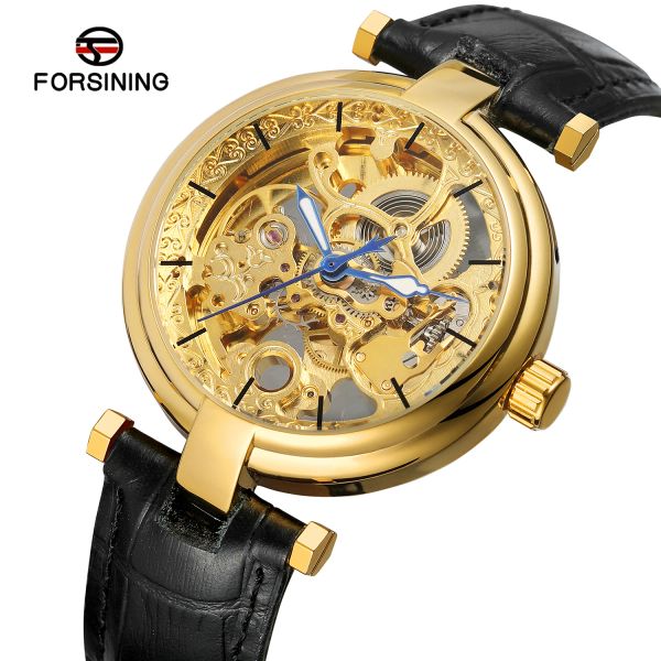 Kit che si affacciano retrò da uomo trasparente orologio da polso automatico design unico cavo oro