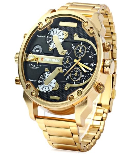 Big Watch Men Luxury Golden Steel Watchband Men039s Quartz Watches Двойной часовой пояс военный Relogio Masculino Casual Clock Man x8804158