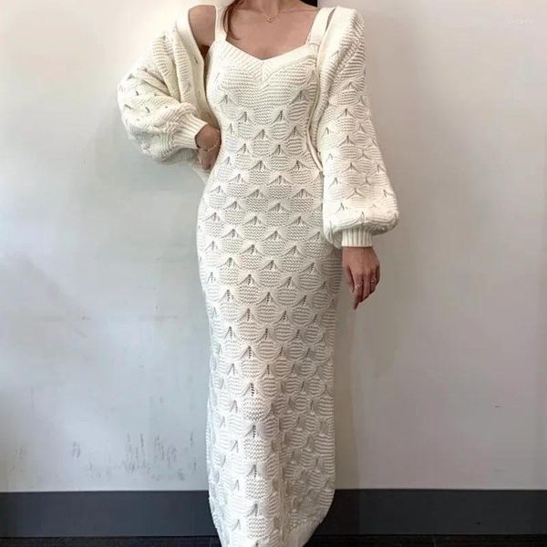 Lässige Kleider süße Erinnerung Jacquard Strick 2 -teilige Overalls Eins Breasted Laternenhülle kurzer Pullover Mantel Spaghetti -Gurtkleid