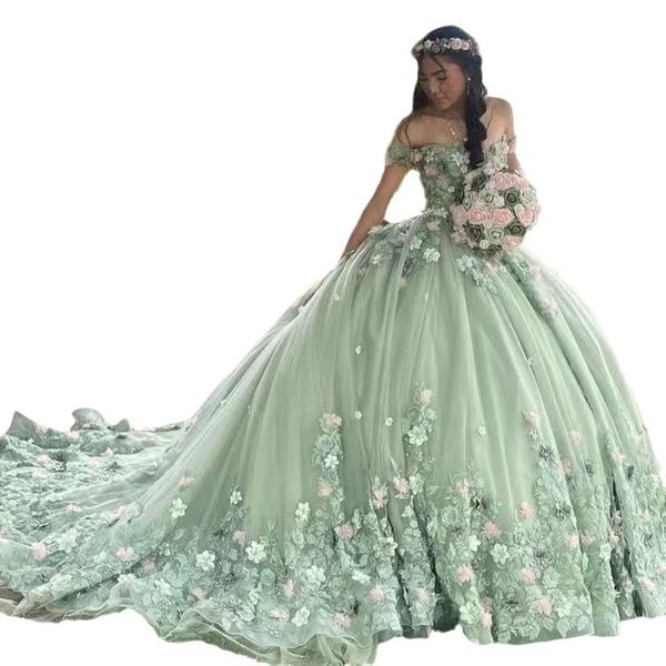 Sage Princess Quinceanera Dress 2024 Off ombro 3d Flores de renda Apliques Tulle Prom vestido de aniversário vestidos de luxo de 15 doce 16